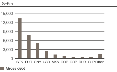 Gross debt distributed by currency (bar chart)